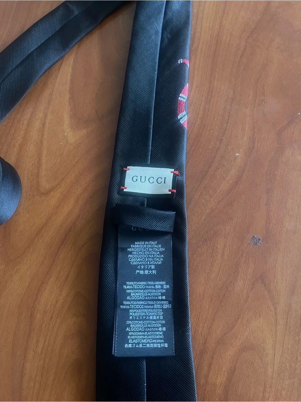 Gucci Black Silk Skinny Tie with Red & White Snake Motif